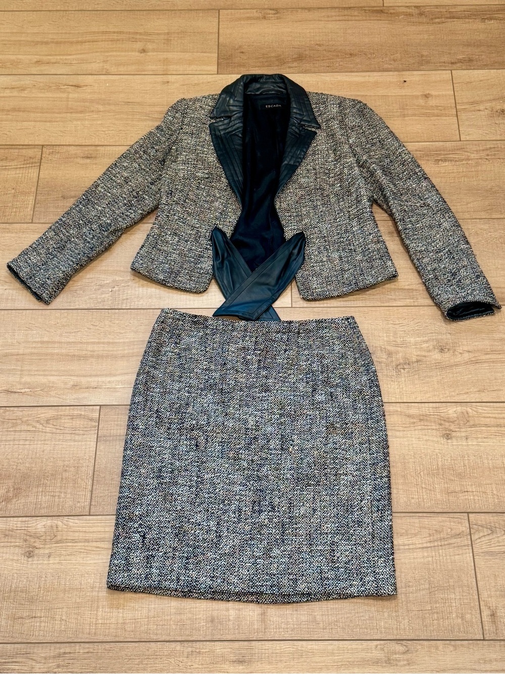 Escada Virgin Wool Tweed Skirt Suit Set - Size 40 Jacket / 42 Skirt Leather Trim